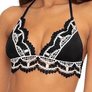 Becca Delilah Crochet Trim Halter Bikini Top Black White Sz.L
